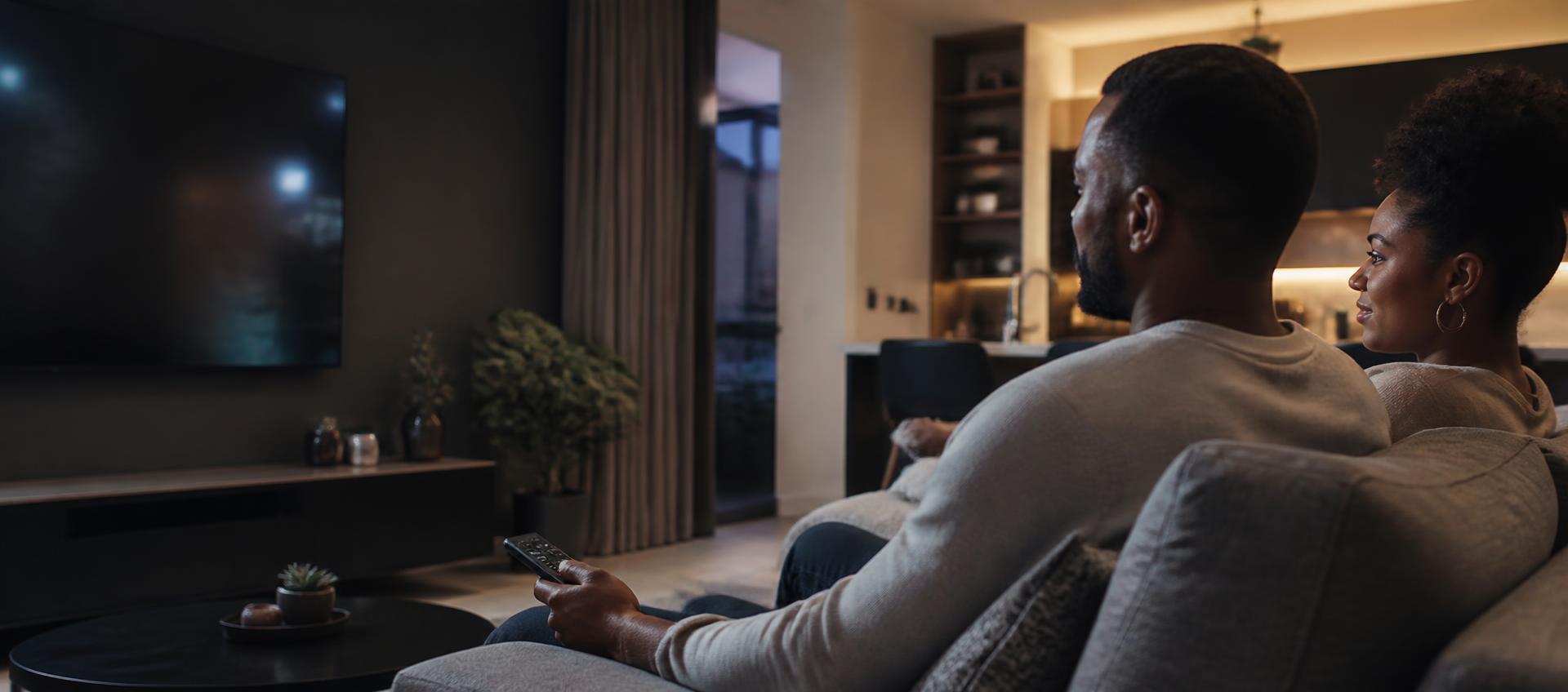A couple watching a large wall mounted smart TV in a Johannesburg living room